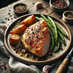 Peperige kipfilet op rustieke houten tafel