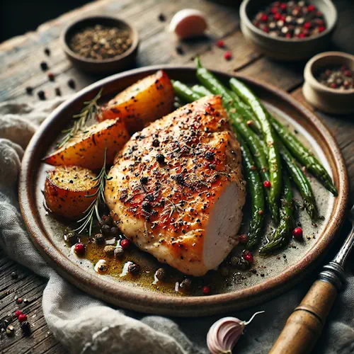 Peperige kipfilet op rustieke houten tafel