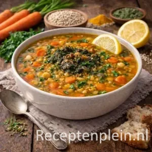 Kom Perzische gortsoep met parelgort, wortel en verse kruiden, gegarneerd met een schijf citroen, geserveerd op een rustieke houten tafel met rauwe gort, hele wortelen, specerijen, brood en een linnen doek bij warm natuurlijk licht.