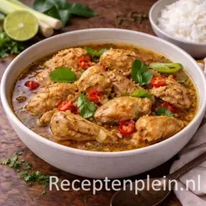 Stukjes goudbruine kip sudderend in een aromatische bouillon met rode lombok voor het recept Indonesische Zure Kip maken.