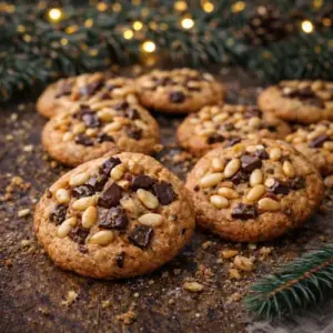 Krokante kerstkoekjes met grove stukjes chocola en pijnboompitten, geserveerd op een houten tafel met dennennaalden en warme kerstlichtjes.