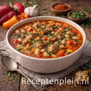 Pikante witte bonensoep met varkensvlees en paprika in een diepe kom, geserveerd op een rustieke houten tafel met witte bonen, rode en gele paprika, knoflook, chili flakes, verse kruiden, brood en een linnen doek bij warm natuurlijk licht.