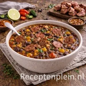 Pittige bonensoep met chorizo op Mexicaanse wijze in een kom op een rustieke houten tafel, verder uitgezoomd met limoen, chilipepers en kruiden ernaast
