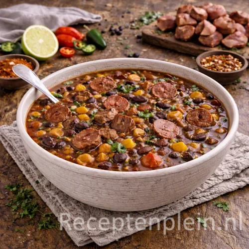 Pittige bonensoep met chorizo op Mexicaanse wijze in een kom op een rustieke houten tafel, verder uitgezoomd met limoen, chilipepers en kruiden ernaast