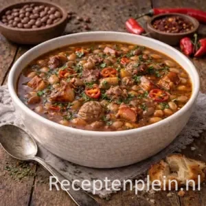 Pittige bruine bonensoep met rookspek en lombok in een diepe kom, geserveerd op een rustieke houten tafel met bruine bonen, rode pepers, knoflook, verse kruiden, brood en een linnen doek bij warm natuurlijk licht.