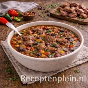 Pittige Mexicaanse bonensoep met rundvlees in een kom op een rustieke houten tafel, verder uitgezoomd met chilipepers, bonen en kruiden ernaast