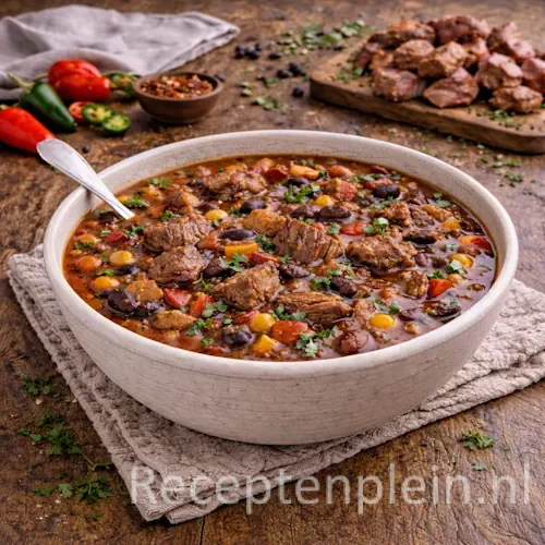 Pittige Mexicaanse bonensoep met rundvlees in een kom op een rustieke houten tafel, verder uitgezoomd met chilipepers, bonen en kruiden ernaast