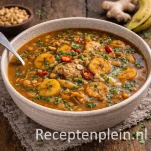 Pittige Surinaamse pindasoep met bakbanaan en gember in een kom op een rustieke houten tafel, uitgezoomd met rode peper, pinda’s en verse kruiden ernaast