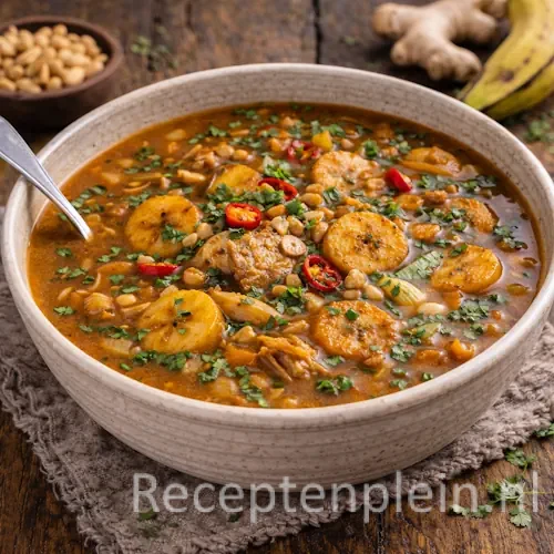 Pittige Surinaamse pindasoep met bakbanaan en gember in een kom op een rustieke houten tafel, uitgezoomd met rode peper, pinda’s en verse kruiden ernaast