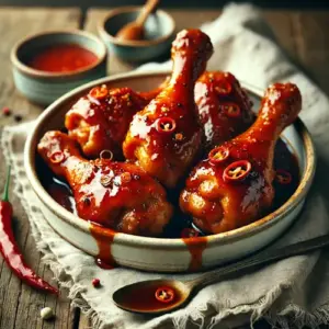 Pittige drumsticks met zoetzure saus op rustieke houten tafel