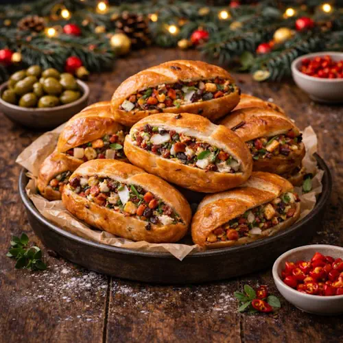 Een schaal met feestelijk gevulde kerstbroodjes van sardines, chorizo, ui en chilipepers, gepresenteerd op een rustieke houten tafel, omringd door kerstdecoraties, olijven en rode pepers.