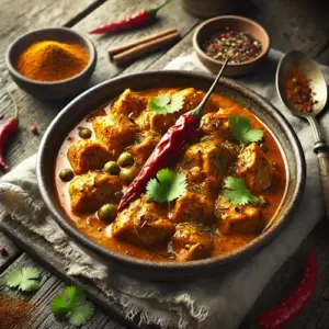 Spicy chicken curry on a rustic wooden table