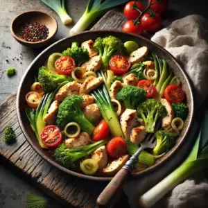 Roerbakgerecht van prei, broccoli, tomaat en kip op een rustieke houten tafel