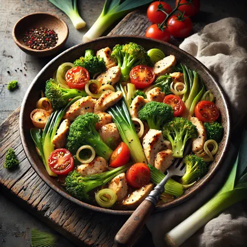 Roerbakgerecht van prei, broccoli, tomaat en kip op een rustieke houten tafel