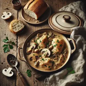 Pollo al cava op rustieke houten tafel