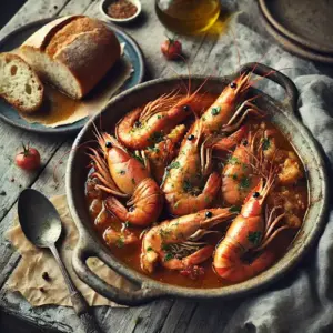 Pollo con cigalas op rustieke houten tafel