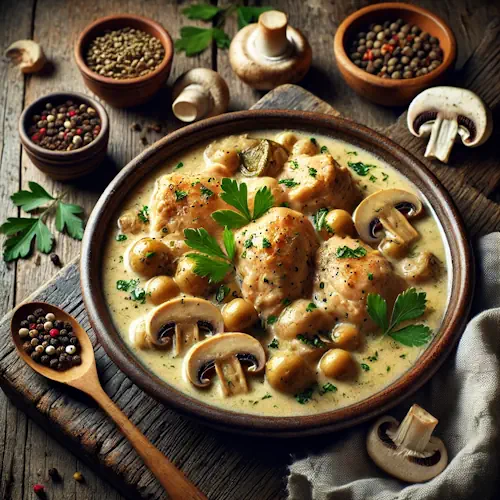 Poulet au Riesling from Alsace with creamy white wine sauce and mushrooms on a rustic wooden table