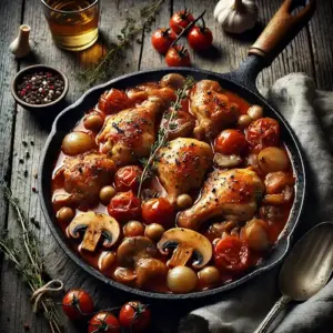 Poulet au Riesling from Alsace with creamy white wine sauce and mushrooms on a rustic wooden table