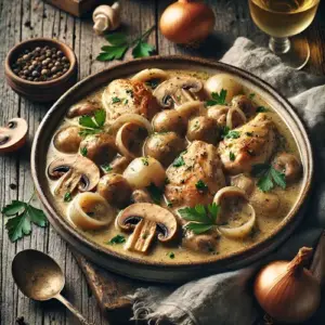 Poulet au Riesling from Alsace with mushrooms and creamy wine sauce on a rustic wooden table