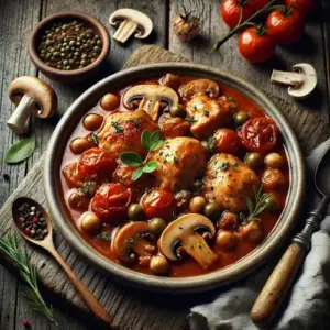 Poulet Chasseur French hunter-style chicken stew with mushrooms on a rustic wooden table