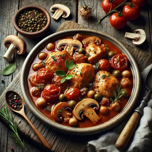 Poulet Chasseur French hunter-style chicken stew with mushrooms on a rustic wooden table