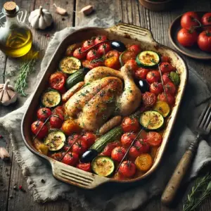 Provençal chicken casserole with vegetables on a rustic wooden table