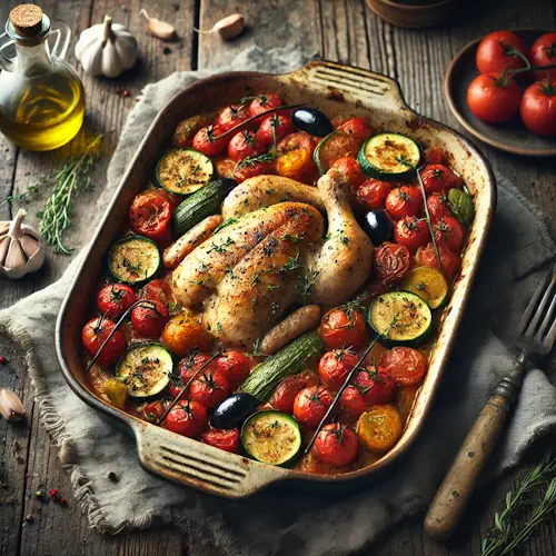 Provençal chicken casserole with vegetables on a rustic wooden table