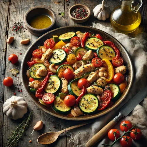 Provençal chicken stir-fry with vegetables on a rustic wooden table