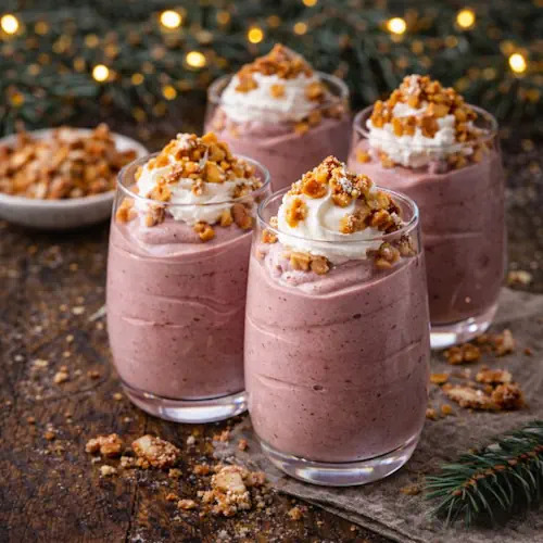 Vier glazen met romige pruimenmousse, afgewerkt met slagroom en knapperige amandelkrokant, geserveerd op een houten tafel met kerstdecoratie.