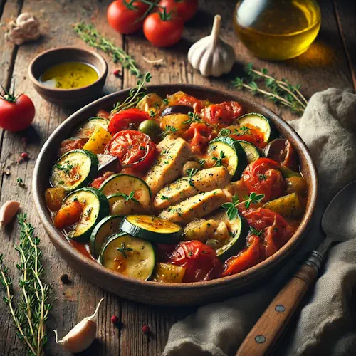 Ratatouille met kip op een rustieke houten tafel