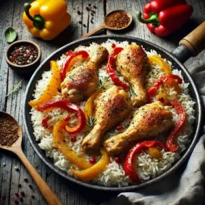 Rijst met kippenbouten en paprika op een rustieke houten tafel