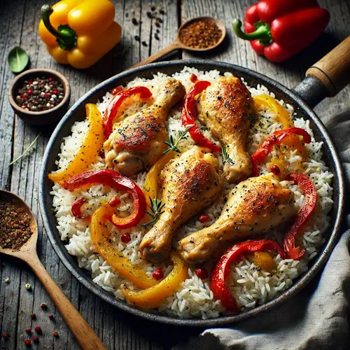 Rijst met kippenbouten en paprika op een rustieke houten tafel