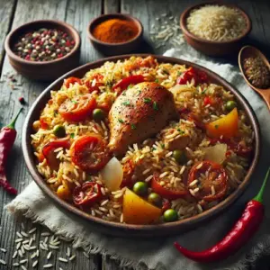 Creole-style rice dish with chicken from Sierra Leone on a rustic wooden table