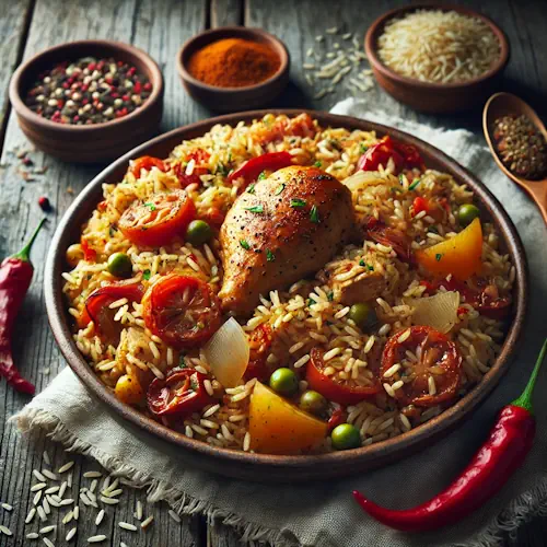 Creole-style rice dish with chicken from Sierra Leone on a rustic wooden table