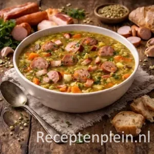 Goed gevulde kom robuuste wintererwtensoep met plakjes rookworst, knapperig buikspek, spliterwten, wortel en aardappel, geserveerd op een rustieke houten tafel met droge erwten, knoflook, brood en een linnen doek bij warm natuurlijk licht.