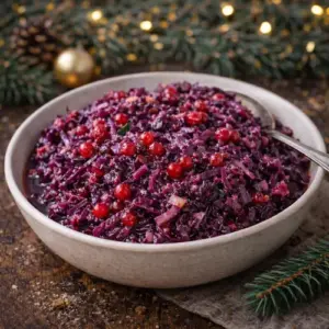 Zweedse rode kool met appel en rode bessenjam in een rustieke schaal, feestelijk geserveerd op houten tafel met kerstgroen en lichtjes.