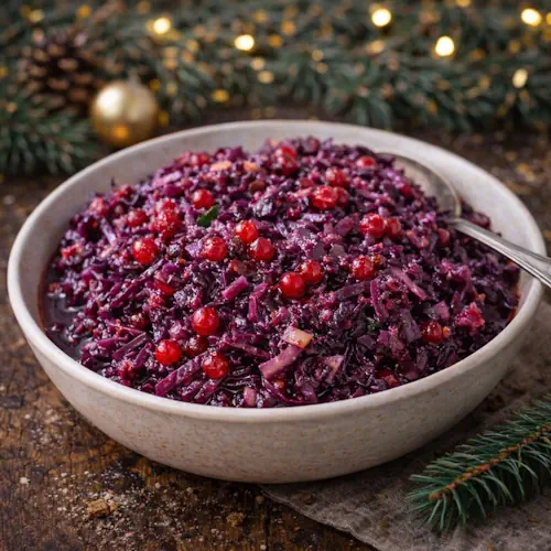 Zweedse rode kool met appel en rode bessenjam in een rustieke schaal, feestelijk geserveerd op houten tafel met kerstgroen en lichtjes.