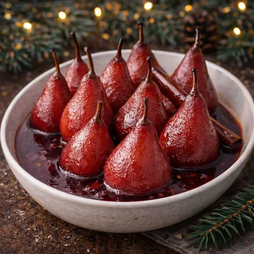 Stoofpeertjes in rode wijn en kaneel, geserveerd in een schaal met feestelijke kerstdecoratie op een rustieke houten tafel.