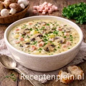 Romige champignonsoep met ham en peterselie in een diepe kom, gevuld met plakjes champignon en blokjes ham, geserveerd op een rustieke houten tafel met verse champignons, peterselie, knoflook, brood en een linnen doek bij warm natuurlijk licht.