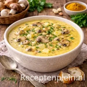 Romige champignonsoep met kerrie in een diepe kom, gevuld met plakjes champignon en aardappelblokjes, geserveerd op een rustieke houten tafel met verse champignons, kerriepoeder, knoflook, peterselie, brood en een linnen doek bij warm natuurlijk licht.