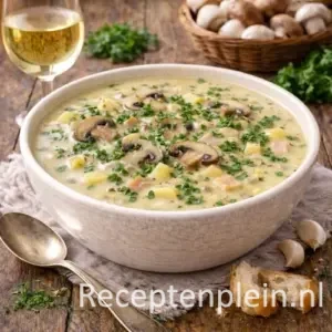 Romige champignonsoep met witte wijn en kervel in een diepe kom, gevuld met plakjes champignon en verse kruiden, geserveerd op een rustieke houten tafel met een glas witte wijn, knoflook, champignons, brood en een linnen doek bij warm natuurlijk licht.