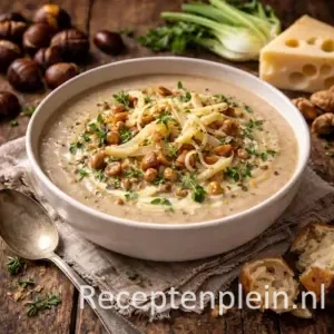 Kom romige kastanjesoep met venkel en gesmolten Emmentaler, gegarneerd met verse tijm en stukjes kastanje, geserveerd op een rustieke houten tafel met hele kastanjes, venkelknol, brood en een linnen doek bij warm natuurlijk licht.