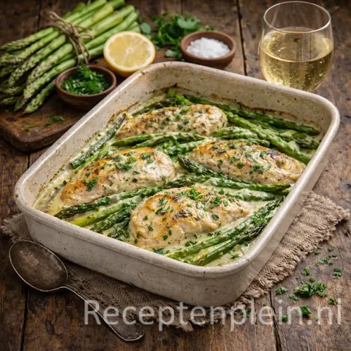 Romige kipfilets met asperges uit de oven in een ovenschaal op een rustieke houten tafel, uitgezoomd met zichtbaar glas witte wijn en verse ingrediënten ernaast