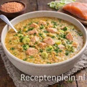 Romige linzensoep met zalm en prei in een kom op een rustieke houten tafel, uitgezoomd met linzen, verse prei en kruiden ernaast