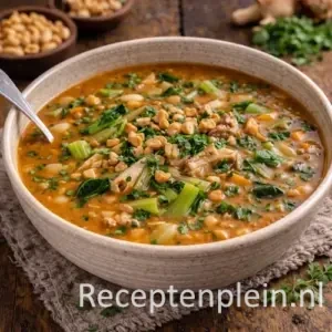 Romige pindasoep met paksoi en kippenbouillon in een kom op een rustieke houten tafel, uitgezoomd met pinda’s, verse kruiden en groenten ernaast
