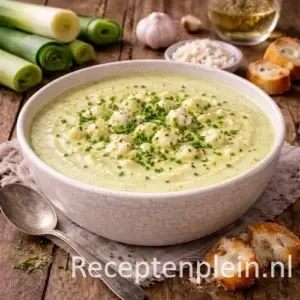Romige preisoep met Boursin en witte wijn in een diepe kom, gegarneerd met verse bieslook, geserveerd op een rustieke houten tafel met verse prei, knoflook, zachte kruidenkaas, een glas witte wijn, brood en een linnen doek bij warm natuurlijk licht.