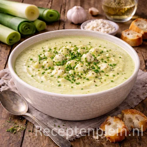 Romige preisoep met Boursin en witte wijn in een diepe kom, gegarneerd met verse bieslook, geserveerd op een rustieke houten tafel met verse prei, knoflook, zachte kruidenkaas, een glas witte wijn, brood en een linnen doek bij warm natuurlijk licht.