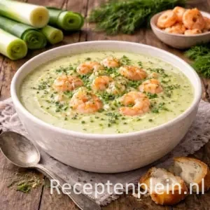 Romige preisoep met garnalen en dille in een diepe kom, geserveerd op een rustieke houten tafel met verse prei, roze garnalen, dille, knoflook, brood en een linnen doek bij warm natuurlijk licht.