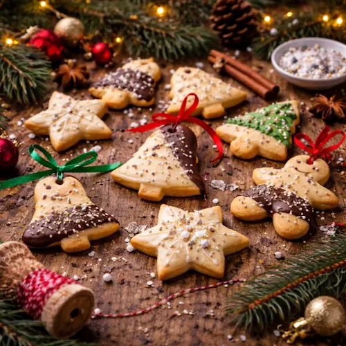 Heerlijke robuuste roomboter kerstkoekjes met pijnboompitten en chocolade op een rustieke zeil‑tafel, feestelijk gestyled in warme kerststemming.