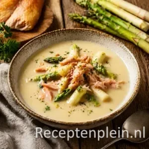 Roomsoep van gerookte forel en aspergepunten op rustieke houten tafel